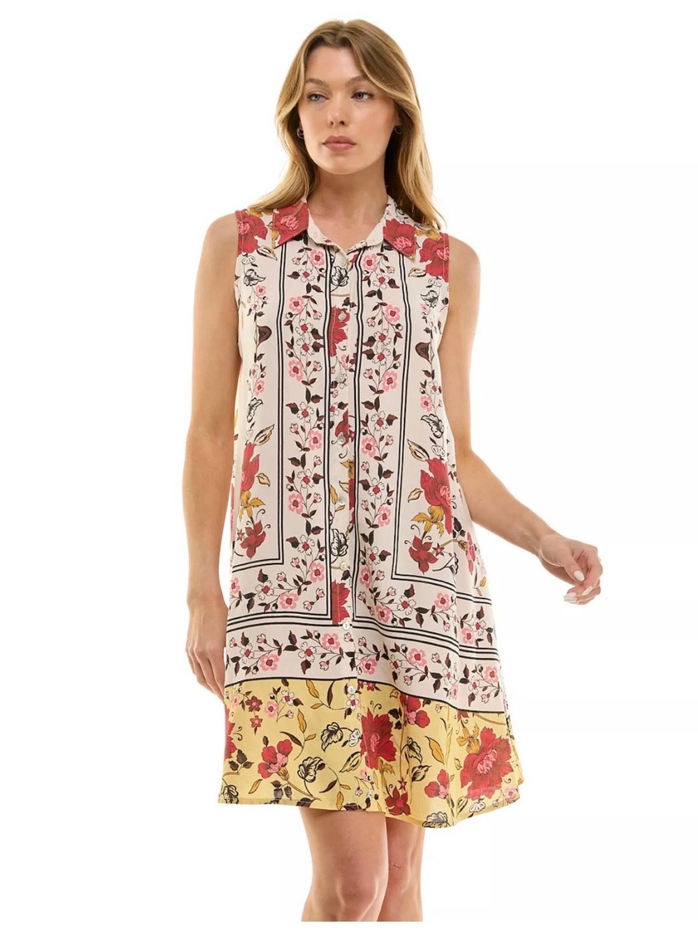 Sleeveless Floral Button-Front Dress in Cream and Red size small NWT